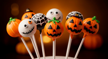 Assortment of Halloween cake pops with spooky pumpkin, ghost, and spiderweb designs on a dark background.の素材