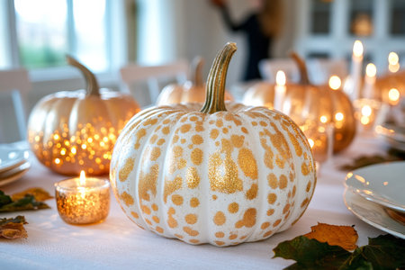 Decorative pumpkin lantern on the festive table.の素材