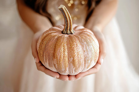 Girl in a white dress holds a decorative pumpkin in her hands on a light background.の素材