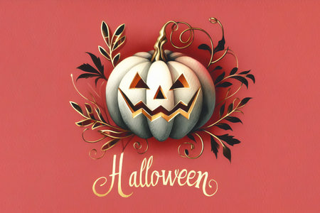 Halloween greeting card with pumpkin on red background.の素材
