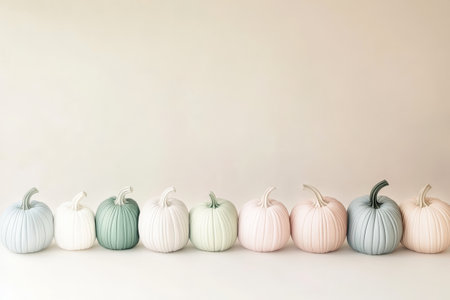 Colorful pastel pumpkins in a row on a white background with copy space. Autumn harvest and Halloween concept.の素材