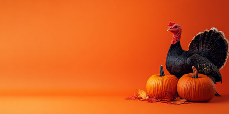 Thanksgiving turkey and pumpkins on orange background with copy space.の素材