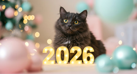 Fluffy gray cat posing behind glowing 2026 numbers in a pastel New Year party setting with baubles and bokeh lights.の素材