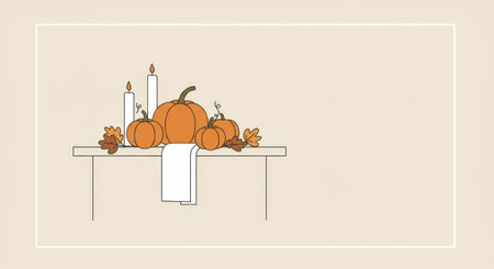 Minimalist illustration of pumpkins, candles, and autumn leaves on a table. Thanksgiving and harvest.の素材