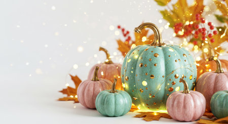 Elegant pastel pumpkins with gold accents, glowing lights, and autumn leaves. Chic fall and Thanksgiving background.の素材
