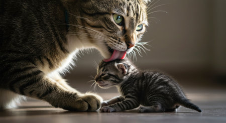 Tabby mother cat affectionately grooming her tiny newborn kitten. Maternal love.の素材