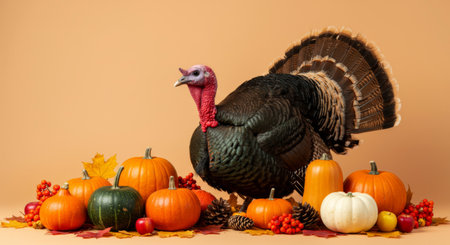 Wild turkey standing among a bountiful harvest of pumpkins. Thanksgiving scene.の素材