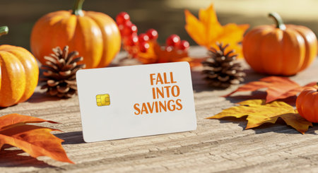 Credit card mockup, "Fall Into Savings" text, with pumpkins, pinecones, and autumn leaves. Seasonal discount offer.の素材