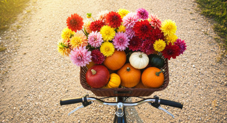 Overhead view of a bicycle basket filled with vibrant dahlias and pumpkins. Autumn harvest market.の素材