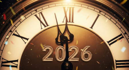Vintage clock face with Roman numerals approaching midnight and 2026 text. New Year's Eve countdown and celebration.の素材