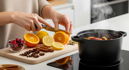 Woman cutting an orange for steaming mulled wine with cloves, cinnamon, and star anise. Cozy winter drink preparation.の素材