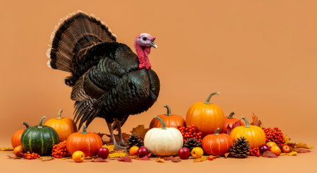 Live turkey standing among a autumn harvest. Thanksgiving background.の素材