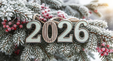 The number 2026 hanging on a frosty, snow-covered pine branch with red winter berries. New Year's background.の素材