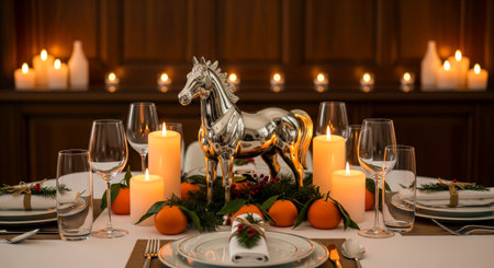New Year's Eve dinner table setting with a silver horse centerpiece, mandarins, and many glowing candles.の素材