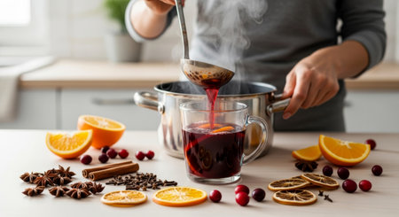 Hands pouring steaming mulled wine from a pot into a mug, surrounded by oranges, star anise, and winter spices.の素材