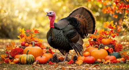 Wild turkey standing proudly among a autumn harvest against a nature backdrop. Thanksgiving celebrationの素材
