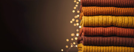 Stack of folded cozy knit sweaters in warm autumn colors with glowing bokeh background.の素材