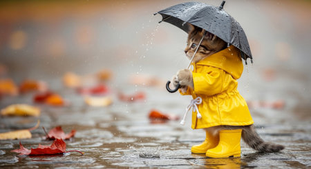 Kitten in a bright yellow raincoat and boots holding a tiny umbrella on a wet day with autumn leaves.の素材