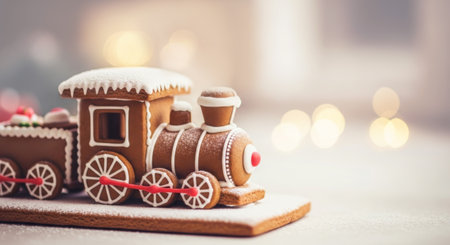 Gingerbread Christmas train decorated with white icing on a snowy surface with festive bokeh lights background.の素材