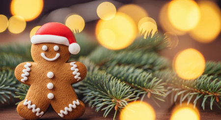 Smiling gingerbread man cookie with a Santa hat and pine brancheswith golden Christmas bokeh.の素材