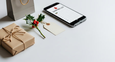 Minimalist Christmas shopping list on a smartphone next to a gift, holly, and tag for holiday commerce concept.の素材