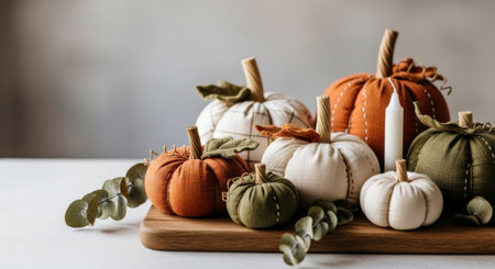 Handmade fabric pumpkins in fall colors with eucalyptus leaves and a candle, DIY autumn holiday decor.の素材