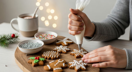 Close-up of woman's hands decorating homemade Christmas gingerbread cookies with white icing and sprinkles.の素材