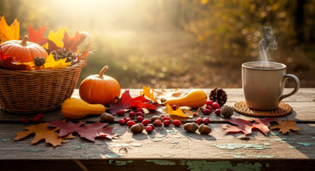 Cozy autumn composition with steaming mug, pumpkins, berries, and colorful leaves on a rustic wooden table outdoors.の素材