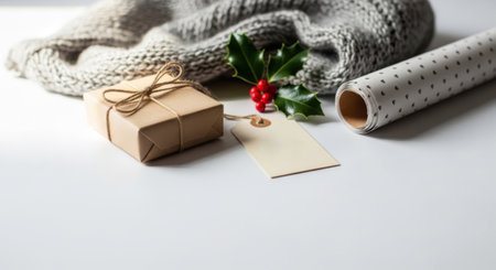 Winter holiday preparation scene with a wrapped gift, blank tag, holly, wrapping paper roll, and knit scarf on white.の素材