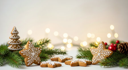 Christmas gingerbread star cookies and spruce branches on a white surface with glowing bokeh lights background.の素材