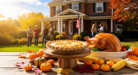Outdoor Thanksgiving celebration: roasted turkey, pie, pumpkins, corn on a rustic table with a family gathering at a home.の素材