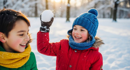 Happy children having a snowball fight in a sunny park, laughing and playing outdoor games on winter day.の素材