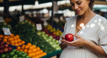 Smiling pregnant woman holding a red apple while shopping for fresh, healthy fruits and vegetables at farmers market.の素材