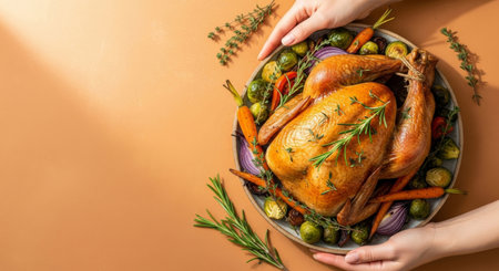Hands serving a platter of whole roasted turkey, garnished with rosemary, thyme, and roasted vegetables, on an orange background.の素材
