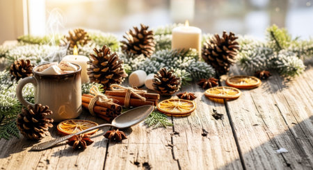 Mug of hot cocoa with marshmallows and festive winter decor on a wooden table.の素材