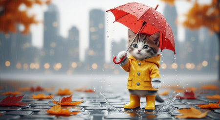 Kitten in yellow raincoat and boots holds red umbrella, splashing in rainy cityscape puddle. Rain protection for petsの素材