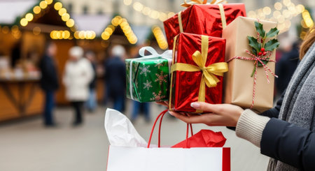 Woman holding Christmas presents and shopping bag at a bustling holiday market with lights.の素材
