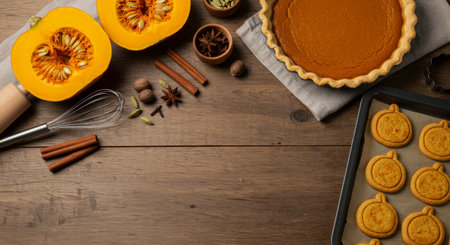 Thanksgiving template with pumpkin pie, fresh squash, spices, and cookies on wooden table.の素材