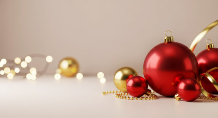 Christmas baubles and golden ribbon on soft background with festive lights. Holiday decoration.の素材