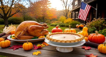 Thanksgiving dinner outside with roasted turkey, pumpkin pie, colorful gourds, and autumn leaves.の素材