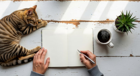 Woman writing in a blank notebook with a sleeping cat, coffee, and a plant on a white wooden desk.の素材