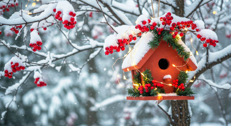 Red birdhouse decorated with Christmas lights and fir branches, hanging on a snowy tree with red berries.の素材