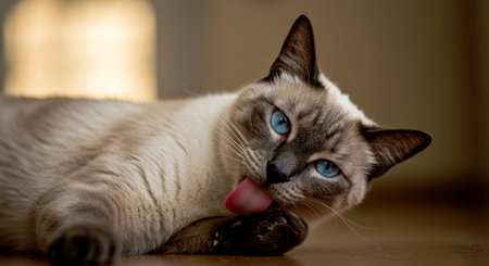 Cat with striking blue eyes lying down and licking its paw, capturing a moment of domestic cat life.の素材