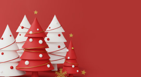 Red and white Christmas trees with golden stars on red background.の素材