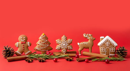 Assorted Christmas gingerbread cookies man, tree, snowflake with pine cones and cinnamon sticks on a red background.の素材