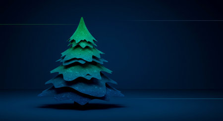 Christmas tree of glowing golden particles and shimmering turquoise lights against a dark background.の素材