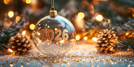 Glass Christmas bauble with 2026 on snow, surrounded by pine cones and bokeh lights. New Year background.の素材
