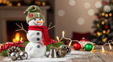 Snowman decoration with jingle bells and holiday decor on wooden floor by a fireplace.の素材
