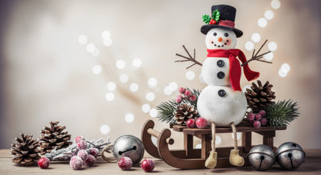Christmas decorative scene. Snowman on a wooden sled with winter decor, pine cones, and glowing lights.の素材