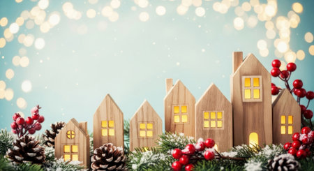Miniature wooden houses with glowing windows, surrounded by snowy fir branches, berries. Christmas and New Year composition.の素材